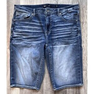 BKE Buckle Shorts Mens 38 Blue Derek Denim Whiskers Faded Western Thick Stitch